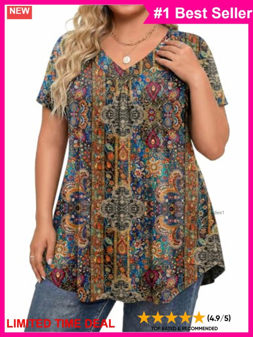 Plus Size V-Neck Short Sleeve Tunic Top Loose Fit Casual Summer Shirt